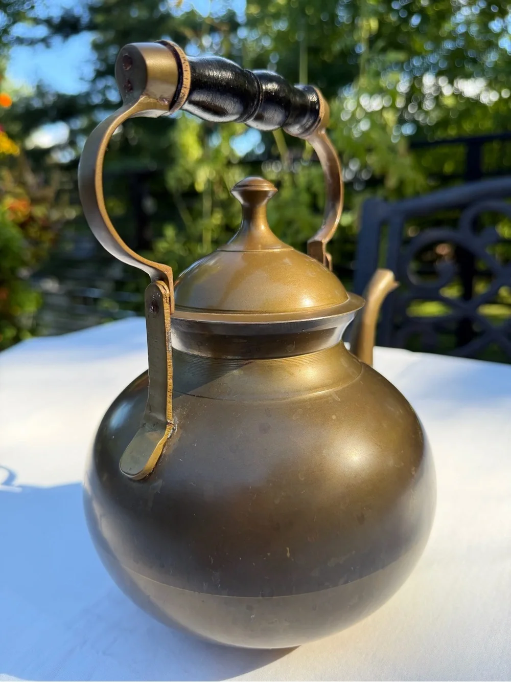 Beautiful Vintage Brass Teapot Kettle With Black Wood Handle Patina Farmhouse
